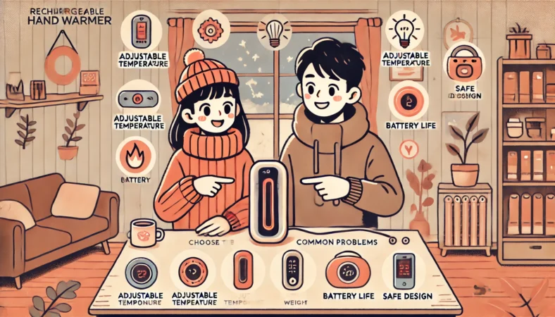 日本人の男女がテーブルで複数の充電式カイロを比較しながら、温度調整機能や形状、安全設計などの特徴を確認している様子。冬の家庭内で、選び方のポイントを楽しそうに話し合っているイラスト。