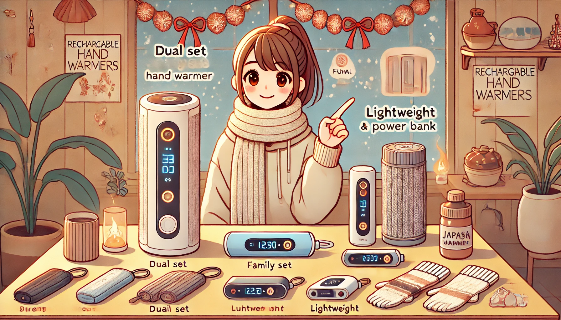 家族向け・通勤向け・安心重視の3タイプの充電式カイロを比較している場面。日本人女性が製品の特徴を指しながら説明している。冬用の小物と一緒に暖かい室内で撮影されたイラスト。