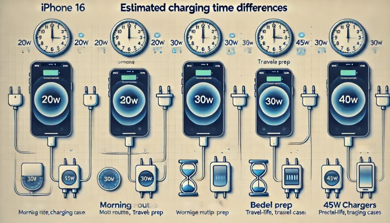 iPhone16を20W・30W・45Wの充電器で充電した場合の充電時間の違いを示したイラスト。それぞれのiPhoneの隣に時計やタイマーが配置され、朝の支度・外出前・就寝前などの日常シーンでの使い分けが視覚的に表現されている。