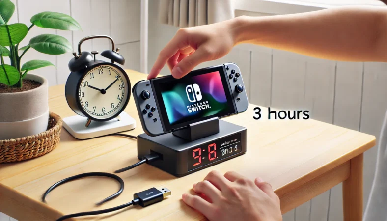 角度調整付きスタンドにSwitch2を置き、スリープ状態でUSB-Cケーブルから充電中の様子。隣に3時間を示す時計が置かれた清潔で明るい室内環境。