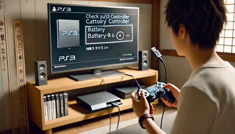 日本のリビングで、テレビに接続されたPS3と、USB充電中のコントローラーを確認する人物の様子。テレビ画面にはバッテリー残量の表示がある。