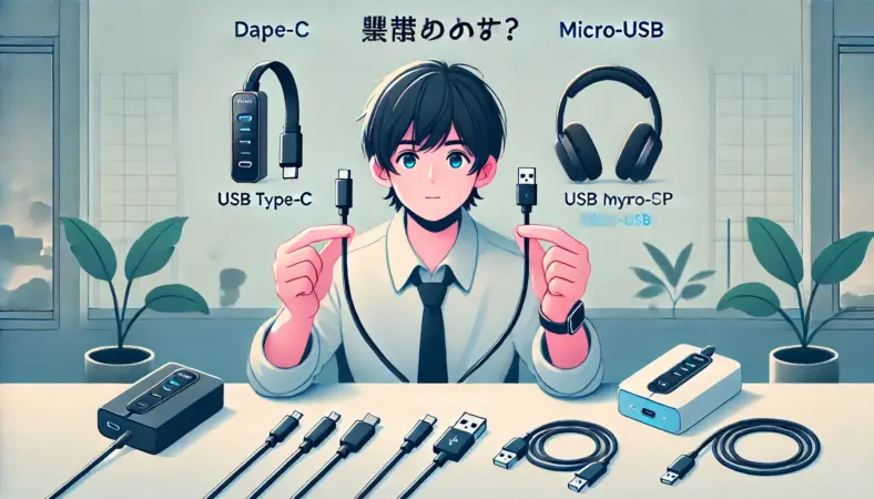 ダイソーのBluetoothヘッドホン2種類（USB Type-CとMicro-USB）を比較している日本人が、机の上の充電ケーブルを確認しながら端子の違いを見ているイラスト。