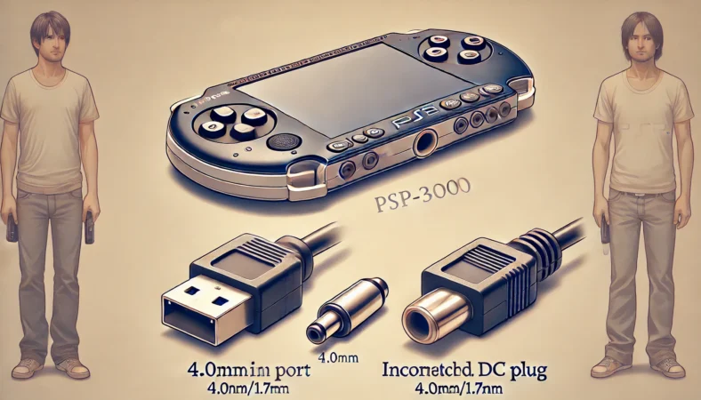 PSP-3000のDC IN端子と、正しいサイズ（4.0mm/1.7mm）のDCプラグ、さらに間違ったサイズのプラグを比較したイラスト。端子への適合の違いが視覚的に示されている。