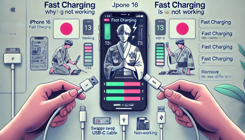 日本人ユーザーがiPhone16の急速充電が機能しない原因を診断しているイラスト。USB-Cケーブルの交換、ケースの取り外し、涼しい場所での充電確認などの対策が描かれ、正常と異常の比較が視覚的に表現されている。