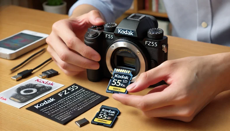 日本人の人物がコダックFZ55カメラにフルサイズSDカードを正しい向きで丁寧に挿入している様子。デスク上には予備カードやUSBケーブル、取扱説明書が並び、安全な挿入手順を示している。