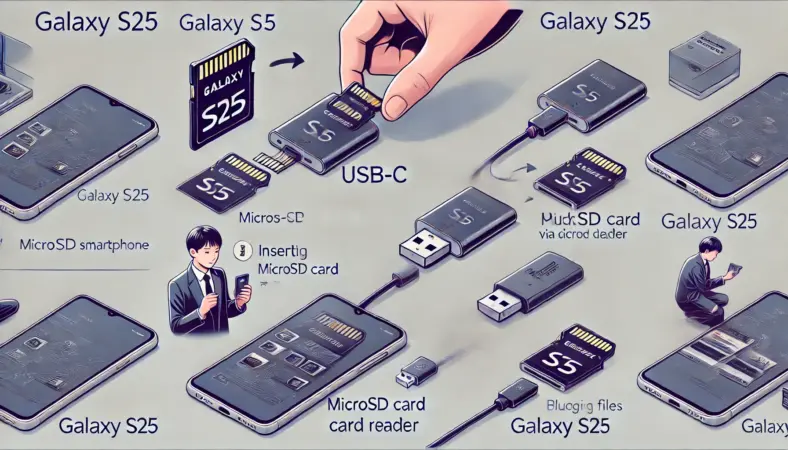 microSDカードをカードリーダーに挿入し、Galaxy S25に接続してファイルを表示する一連の手順を視覚的に説明する日本人ユーザーのイラスト。現代的な作業環境で、操作手順がステップごとにわかりやすく描かれている。