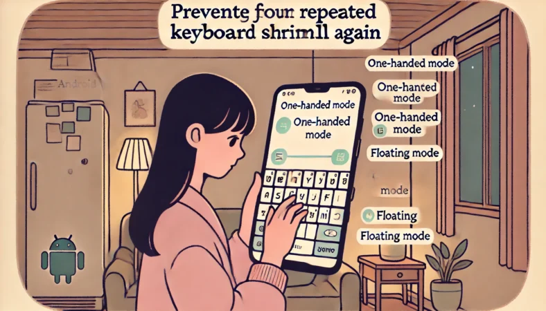 Androidスマートフォンのキーボードが再び小さくならないよう、ツールバーの片手モードやフローティングの設定を確認している日本人女性のイラスト。落ち着いた室内で集中して操作している様子。