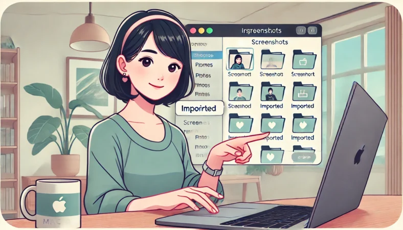 MacBookでスクリーンショットをmacOSの写真アプリにドラッグして取り込んでいる日本人女性のイラスト。明るく整理された部屋で、Photosアプリにはサムネイルが並び、女性は落ち着いた表情で作業している。
