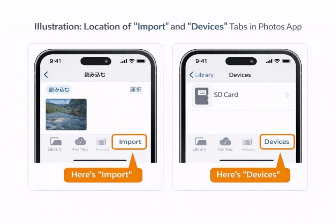 写真アプリの『読み込む』と『デバイス』の位置関係