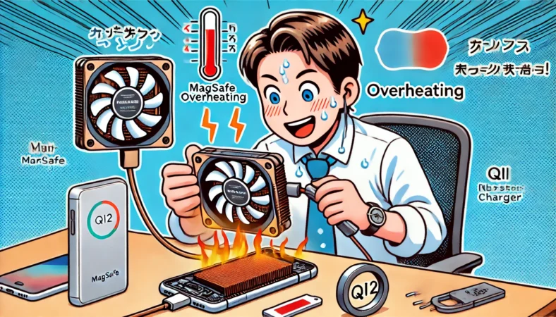 ゲーム中にスマホの背面へペルチェ冷却ファンを装着し、熱による性能低下を改善して満足そうに操作する日本人男性。周囲にはQi2充電器や放熱アイテムが並び、冷却の効果が表現されている。