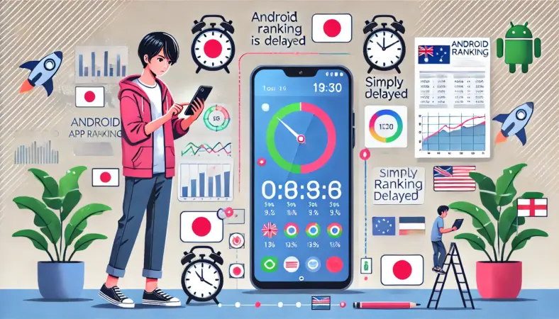 日本人の若者がスマートフォンを2台使ってアプリランキングの更新状況を比較・分析し、凍結や圏外表示の可能性を冷静に検証している様子。背景には時計や国旗、チャートなどが描かれ、確認ステップを視覚的に表現したイラスト。