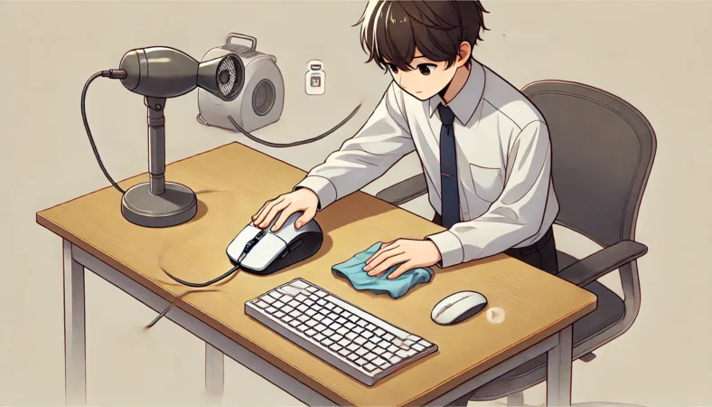 日本人がマウスのセンサー部分とソールを丁寧にマイクロファイバークロスで掃除している様子。デスクも乾拭きしており、ブロワーや柔らかいブラシがそばに置かれた、整った環境でのメンテナンスシーン。