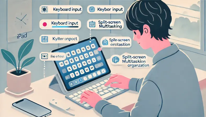 iPadの初期設定を行っている初心者の日本人のイラスト。キーボード入力、マルチタスク設定、ファイル整理などの操作が視覚的に示され、前向きな雰囲気でスムーズな導入が描かれている。