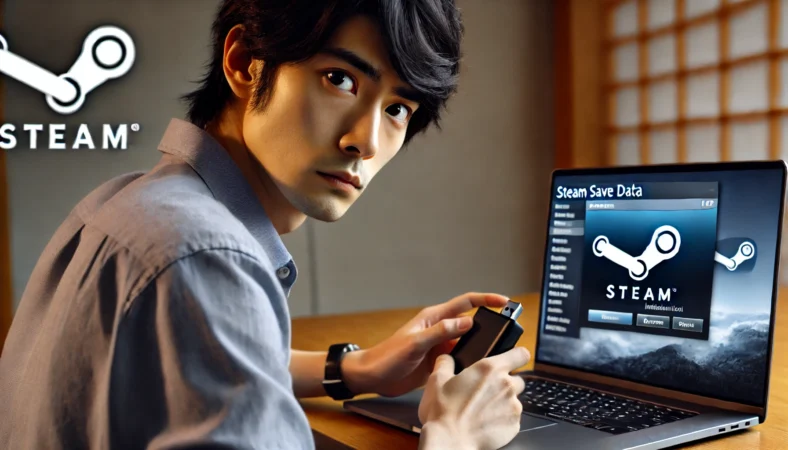 Steamのセーブデータ削除操作中に慎重な姿勢で確認している日本人ユーザー。自宅のデスクで外付けドライブを手に取り、クラウドとの競合や上書きに備えている様子。緊張感のある家庭環境。