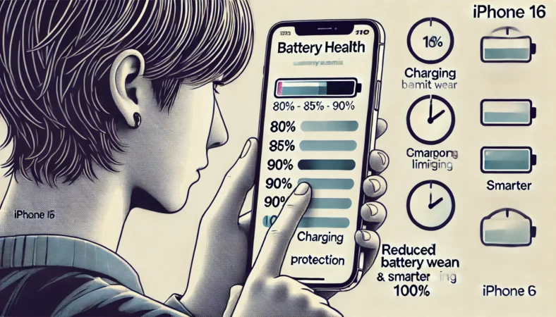 iPhone16の設定画面で充電上限スライダー(80%〜100%)を調整する日本人ユーザーのイラスト。バッテリー劣化を防ぐためのスマート充電が視覚的に表現され、静かで落ち着いた日本のテック環境が背景に描かれている。