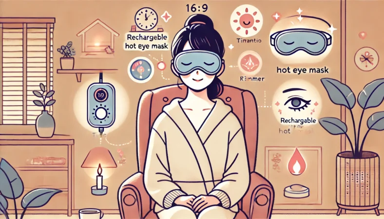 タイマーや温度設定を整えた上で、正しくホットアイマスクを使用してリラックスしている日本人女性のイラスト