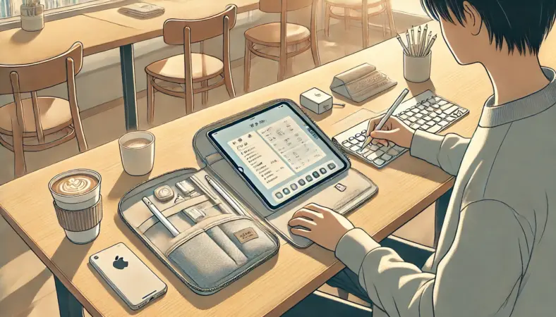 日本人の学生が13インチiPadを使ってカフェで勉強しているイラスト。スリーブケースにiPadが収まり、キーボードや充電器が整然と並び、学習効率の高い持ち歩き方を表現している。