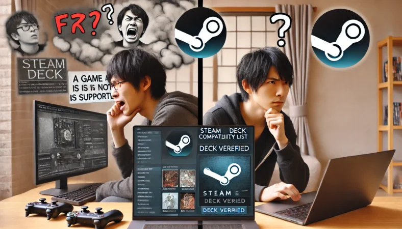 ゲームが起動せず困惑する日本人男性と、購入前にSteam Deckの互換性リストを確認する冷静な男性を対比。非対応ゲームへの事前対策の重要性を視覚化。