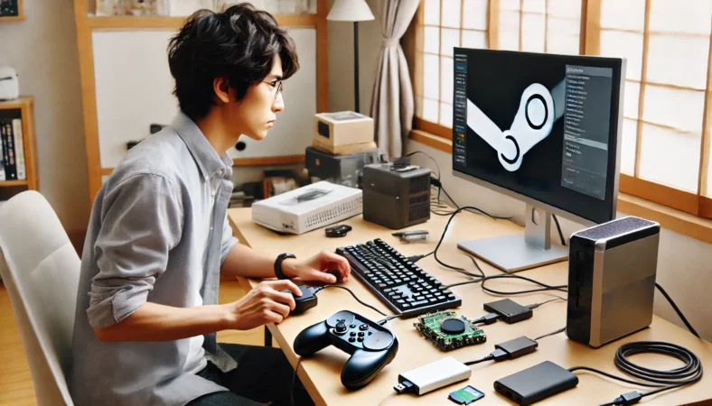 日本人ユーザーがSteam Deckと周辺機器の接続をチェックしながら、USB-Cハブや電源アダプタの交換を行っているシーン。安定動作のためにフル装備を揃えている様子。