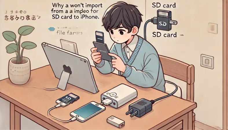 iPhoneに接続されたSDカードリーダーと電源アダプタを使用し、動画が読み込めない原因を確認している日本人ユーザーのイラスト。木製デスクの上にiPhone、SDカード、ケーブル類が整然と置かれ、安定した環境で問題の原因を丁寧に切り分けている様子が描かれている。
