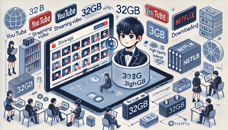 日本人が32GBのiPadでストリーミング再生をしている様子と、別の場面で高画質動画を大量にダウンロードして容量を圧迫している様子を対比的に描いたイラスト。YouTubeやNetflixのアイコンが表示され、使い方による容量差を視覚的に表現している。