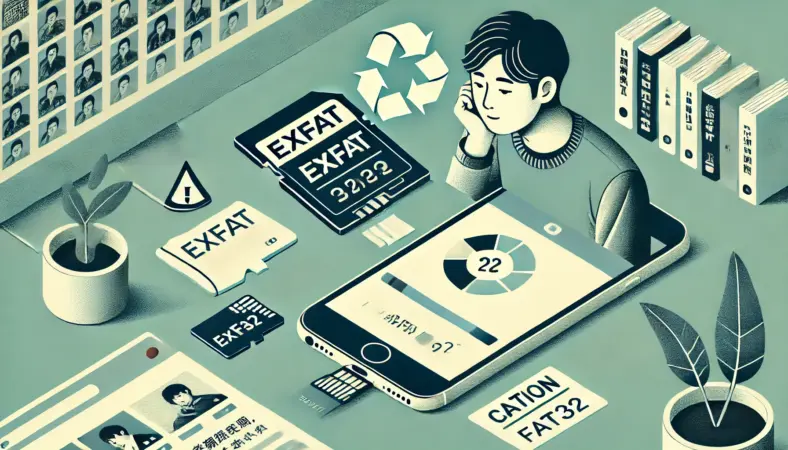 exFAT形式のSDカードからiPhoneに大容量動画を転送し、成功した様子に安堵する日本人男性のイラスト。FAT32カードには注意マークが付けられており、形式による差が視覚的に表現されている。