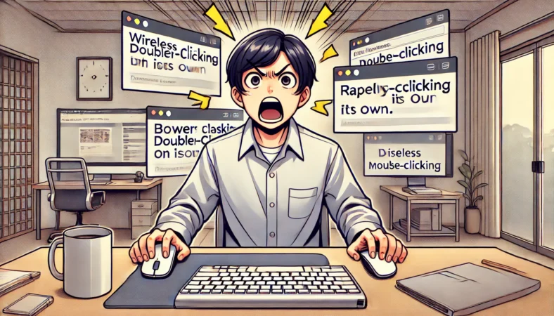 日本人の人物が、無線マウスの誤作動によってブラウザのタブが勝手に閉じたりファイルが開いたりする様子に困惑しているイラスト。現代的なホームオフィスで、デスクトップPCの前に座る人物がストレスを感じている表情を見せている。