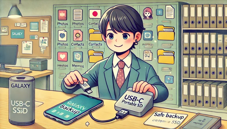 GalaxyスマートフォンにUSB-CポータブルSSDを接続し、写真や連絡先、メモなどのデータをバックアップしている日本人ユーザーのイラスト。安心した表情で作業しており、データ保護の重要性を視覚的に表現した整理された室内シーン。
