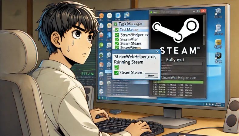 日本人ユーザーがSteamを閉じた後でも「steamwebhelper.exe」がタスクマネージャーやタスクトレイに残っていることに困惑している様子。デスクトップには常駐アイコンが表示されている。