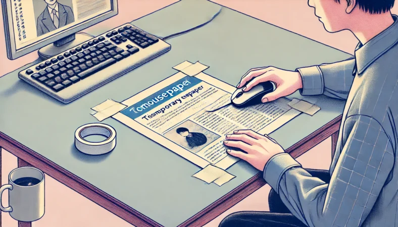 ツヤのある机の上で、四隅をマスキングテープで軽く固定したA4用紙をマウスパッド代わりに使用している日本人のイラスト。実用的で応急対応として効果的な工夫が描かれている。