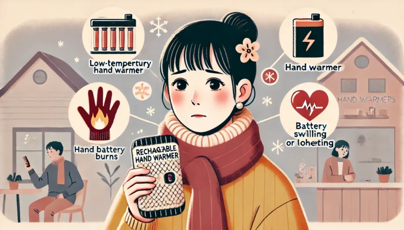 日本人女性がふわふわ素材のカバーに包まれた充電式カイロを笑顔で手にしている様子。近くにはカバーなしのカイロと皮膚の赤みを示す警告アイコンも描かれており、低温やけど対策を視覚的に伝えるイラスト。