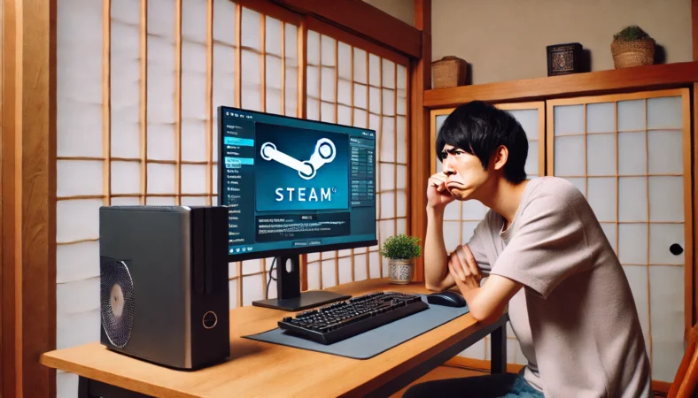 Windows11のデスクトップPCでSteamゲームが起動せず、困惑している日本人ユーザーの様子。和風の室内でSteamの「プレイ」ボタンが反応しない画面を見つめている。