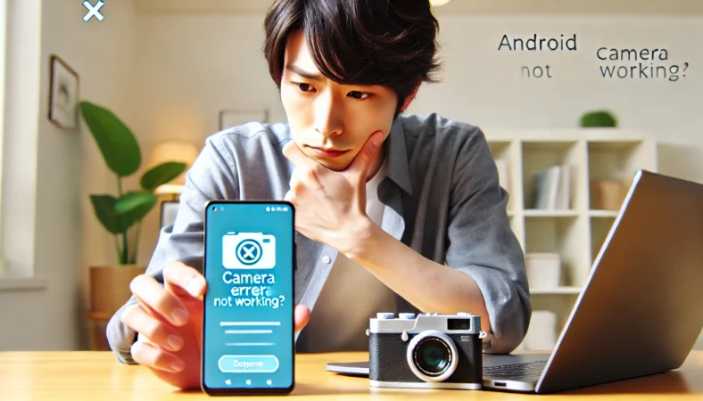 Androidスマートフォンのカメラエラーを複数のアプリで比較しながら原因を分析している日本人男性。デスクにはもう1台のスマホとノートパソコンがあり、エラーの切り分け作業中のシーン。