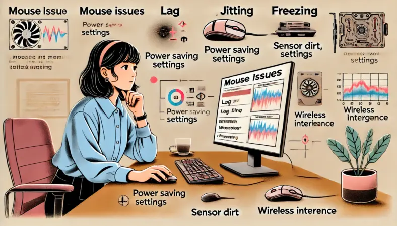日本人女性がマウスのトラブル原因を整理する表を見ながら分析している様子のイラスト。無線干渉やセンサー汚れなどの原因に注目している