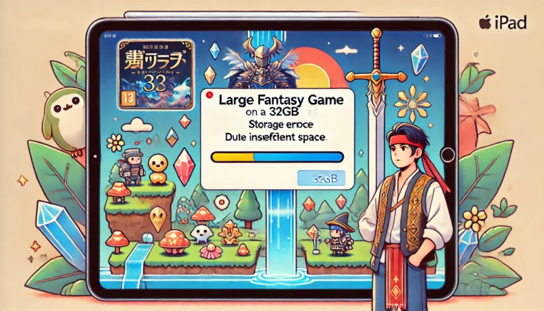 32GBのiPadに大型ファンタジーゲームをインストールしようとして、容量不足のエラーメッセージが表示されている様子。魔法の剣や幻想的な背景がゲームの世界観を表現し、ユーザーが困惑している姿が描かれている。