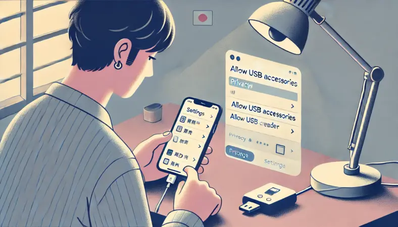 iPhoneでSDカードリーダーが反応しない原因を調べるため、設定アプリを確認している日本人ユーザーのイラスト。木製の机の上にiPhoneとSDカードリーダーがあり、室内の落ち着いた雰囲気でセキュリティ設定を確認している様子。