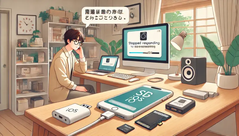 iOSのアップデート後にSDカードリーダーが反応しなくなったiPhoneを再起動して対処しようとしている日本人ユーザーのイラスト。木製の机の上にiPhoneとSDカードリーダーが置かれ、室内は落ち着いた雰囲気で丁寧にトラブル対応をしている様子。