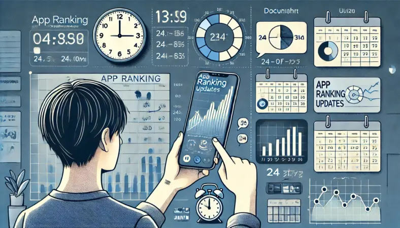 Androidアプリの売上施策からランキング反映までのタイムラグを示すイメージ図。アプリ内イベント、表示更新、外部取得、ユーザー確認という4段階の流れが抽象的に描かれ、反映の遅さが視覚的に分かるイラスト。