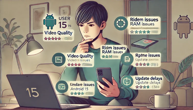 自宅でAndroid 15タブレットの購入に向けて口コミを比較検討する日本人のイラスト。ラップトップとスマートフォンを使って、動画画質やRAM、アップデートに関する評価を読み込み、冷静に選択しようとしている様子が描かれている。