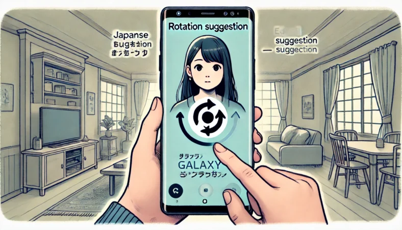 Galaxyスマートフォンの画面右下に表示された回転提案ボタンを見つけ、戸惑う日本人女性ユーザーのイラスト。端末は横向きに持たれているが画面は縦表示のまま。