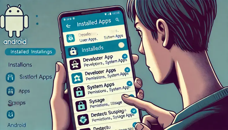日本人ユーザーがAndroidの設定画面でアプリ一覧を確認し、特定のアプリの提供元や権限、データ使用量などの詳細情報をチェックしているイラスト。システムアプリとユーザーアプリの区別が画面に表示されている。