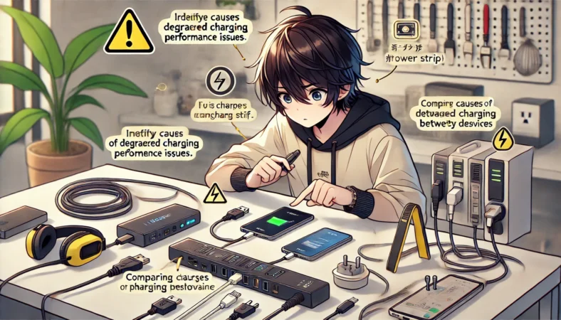 モバイルバッテリーの性能低下を調べるため、USBケーブルや電源周りを確認する日本人のイラスト