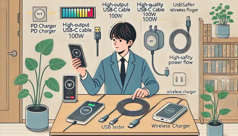日本人のユーザーが自宅のデスク上に、PD対応充電器、高品質USB-Cケーブル、USBテスター、MagSafe式ワイヤレス充電器を整然と並べ、充電トラブル回避のためのセットを準備している様子のイラスト。