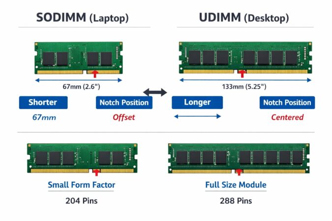 ノート用SODIMMとデスクトップ用UDIMMのサイズと切り欠きの違い（買い間違い防止）