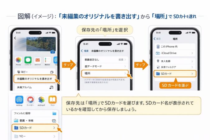 図解（イメージ）：『未編集のオリジナルを書き出す』から『場所』でSDカードを選ぶ流れ
