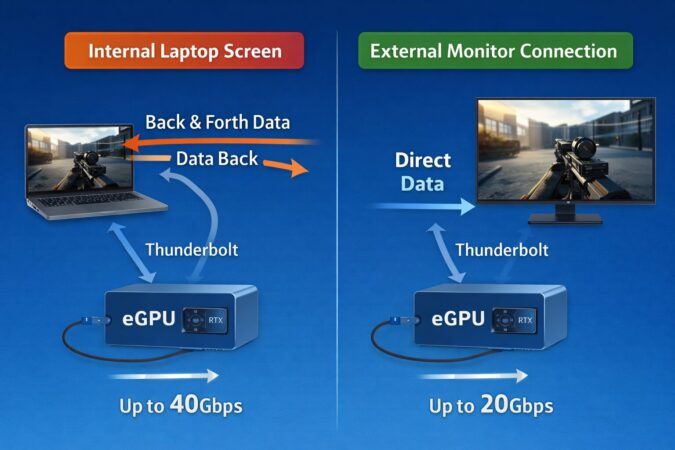 eGPUのデータの流れ（内蔵画面は戻しが発生しやすく、外部モニター直結は戻しが減りやすい）