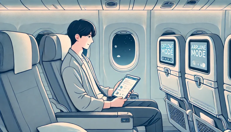 国際線の機内で、iPadを機内モードに設定しつつ、機内Wi-Fiを使って静かに動画やテキストを閲覧している日本人乗客のイラスト。夜間の落ち着いたフライト中の様子が描かれている。