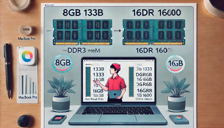 日本人が2012年非Retina MacBook Proの隣で、8GBと16GBのRAMを見比べているイラスト。背景にはDDR3 1333とDDR3 1600のラベルが描かれ、最大容量の目安や規格の違いを示している。