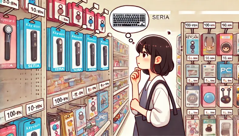 セリア店内で売り場を探して戸惑う日本人女性。おもちゃやアクセサリー、PC小物コーナーを見ながら迷っている様子が描かれている。