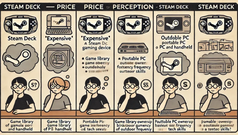 Steam Deckを「高価な携帯機」と見る人、「携帯型PC」としてコスパが良いと考える人など、日本人ユーザーが用途によって価格の価値を考える比較図。